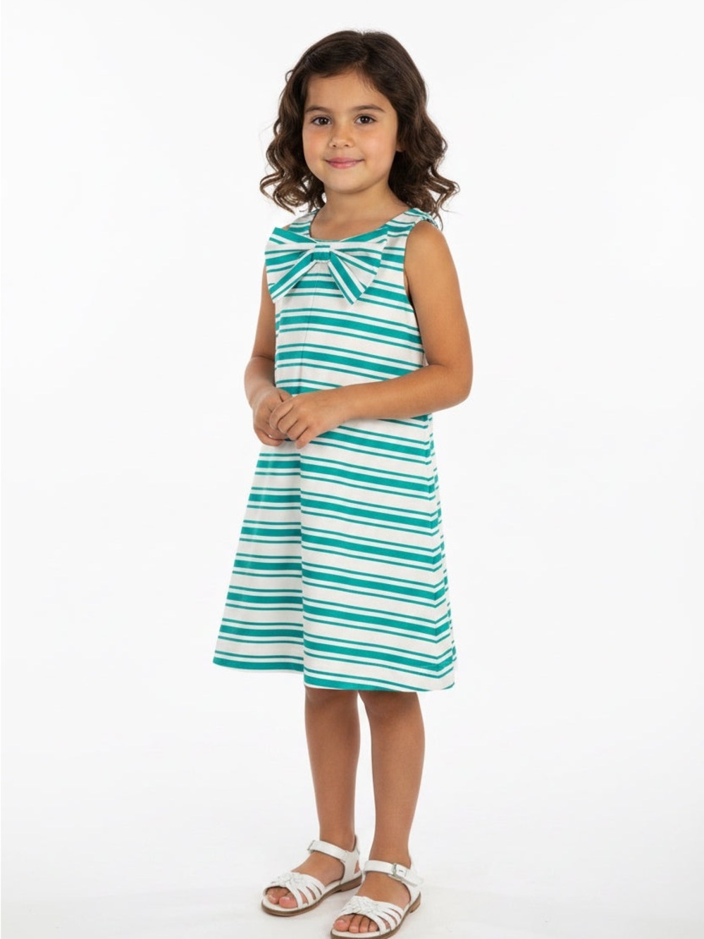GB girls Teal & White Striped Bow-Front Sleeveless Dress
